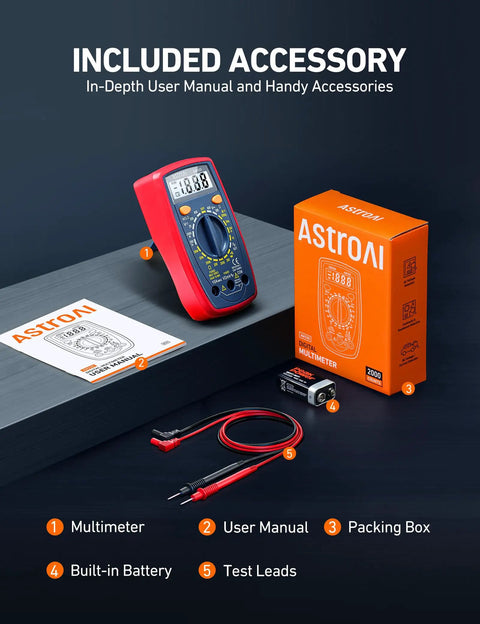 Digital Multimeter 2000 With Backlit LCD Display For Voltage Current Resistance Diode And Continuity Testing Measures AC And DC For Home And Auto Use Blue with user manual and accessories