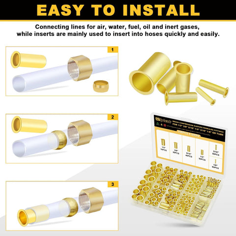 Siptenk brass compression tube inserts kit, 236 pcs, six sizes for 1/2–1/8 in tubing