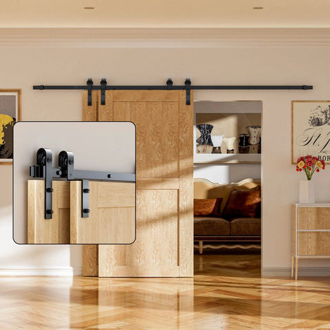 Installed 12 Foot Bypass Sliding Barn Door Hardware Kit With Single Track For Double Doors in a living room setting