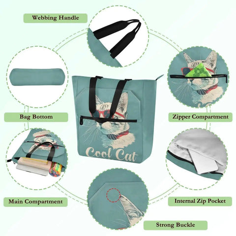 Cool Cat Sunglasses Tote Bag For Book Lovers With Zipper Pocket Reusable Water Repellent Everyday Carry Book Tote For School Work And Shopping Large Capacity Nylon Carryall For Books Notebooks And Tablets, illustrated with a cat wearing sunglasses.