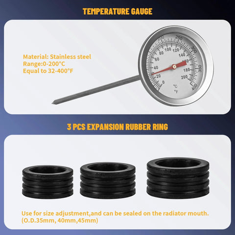 Universal 34PC Radiator Pressure Tester Kit temperature gauge and 3 expansion rings in rubber for size adjustment