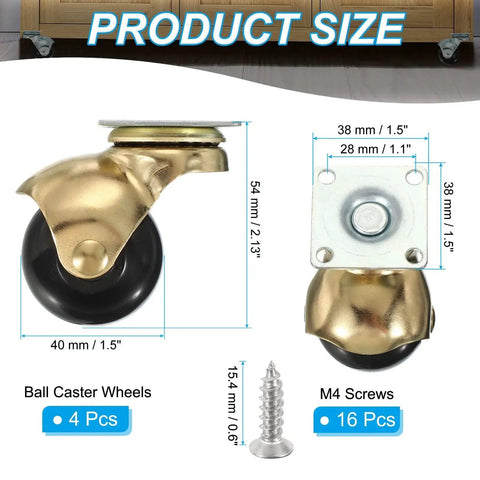 1.5 Inch Ball Caster Wheels Set Of 4 For Furniture, 360 Degree Swivel Top Plate Casters In Gold Finish, 298 Lbs Total Capacity, 99 Lbs Per Caster, M4 Screws Included, Smooth Quiet Rotation For Easy Mobile Furniture