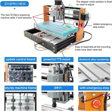 Upgraded 3018 Pro CNC Router Kit With Offline Controller E Stop XYZ Limit Switches 3 Axis Precision DIY Desktop Engraving