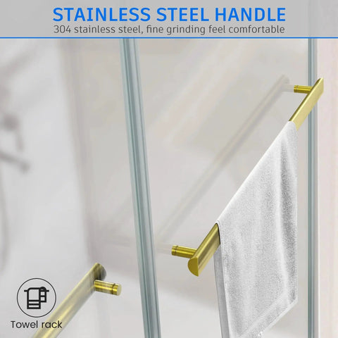 Frameless Sliding Shower Door In Brushed Gold Finish, 60 Inch Wide By 76 Inch High, with towel on stainless steel handle