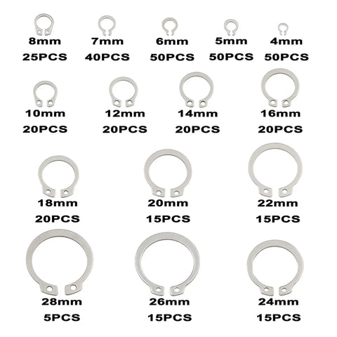External Retaining Ring Set 380 Piece Assortment 15 Sizes From 4mm To 28mm In 304 Stainless Steel Circlips C Clips