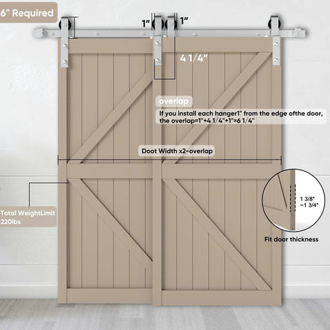 Two wooden sliding barn doors on rails with measurements and specifications, showcasing 6.6Ft Brushed Nickel Barn Door Hardware Kit Built Tough for Single Track Sliding Doors, Heavy Duty Rail System for Double Doors, Carbon Steel Construction with Anti Rust Finish, Quiet Nylon Wheels, Smooth Rolling, Easy DIY Install.