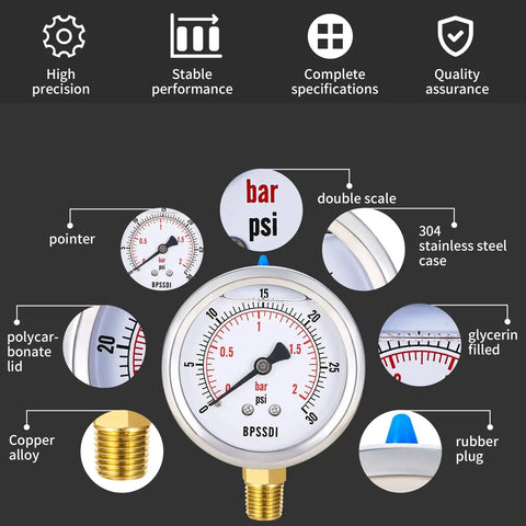 Glycerin Filled Low Pressure Gauge 0 To 30 Psi, 2.5 Inch Dial, Lower Mount One Quarter Inch NPT, 304 Stainless Steel Case, Brass And Stainless Wetted Parts, For Water Pipes HVAC Oil And Air Pressure Tests BPSSDI with detailed specifications.