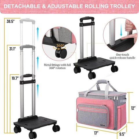 Image showing a foldable deluxe rolling sewing machine case with wheels, detachable trolley system, pink and grey with storage pockets.