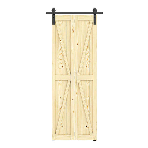 30-Inch By 84-Inch Bifold Barn Door With Hardware Kit in unfinished solid pine wood, front view, folding design.