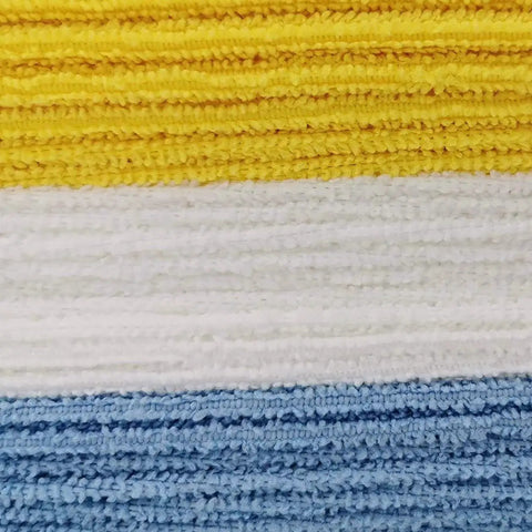 Stack of yellow, white, and blue microfiber cleaning cloths 16x12 24 pack lint free streak free reusable washable close-up view.