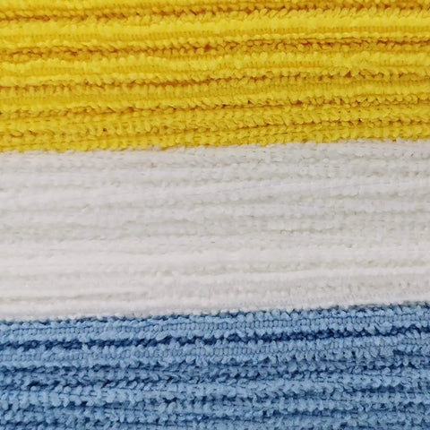 Close-up of colorful blue, white, and yellow Ultra Absorbent Microfiber Cleaning Cloths For Cars And Home Go To, 24 Pack, 16 By 12 Inches.