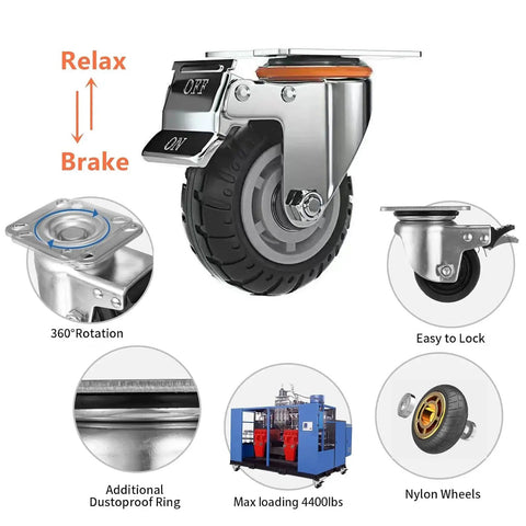 Heavy Duty 4 Inch Rubber Caster Wheel Set For Warehouse Carts And Workbenches, showing locking swivel wheel with brake, features highlighted