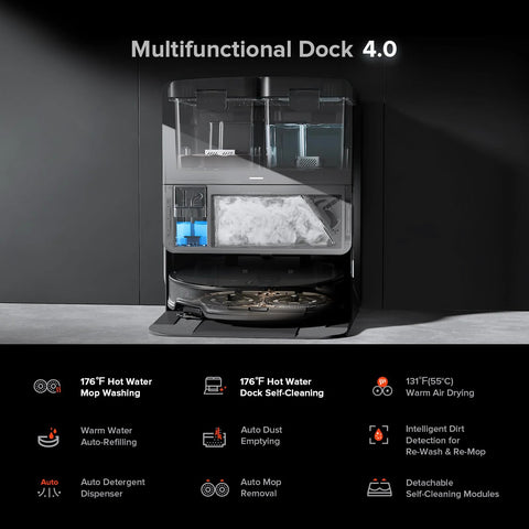 Multifunctional Dock 4.0 in black with transparent compartments, robot vacuum resting on the base