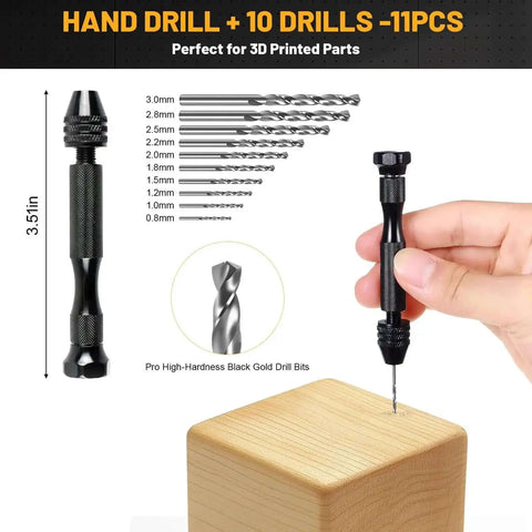 Ultimate All In One 63 Piece 3D Printing Tool Kit with hand drill and 10 drill bits for precise post-processing.