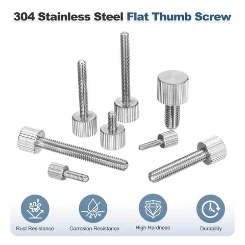 Beefy 10 Pcs M4 10mm Knurled Thumb Screws 304 Stainless Steel Flat Head Fully Threaded Thumbscrews Bolts Fasteners For Home Electronics Mechanical Projects DIY Furniture Fixes displayed with durability icons.