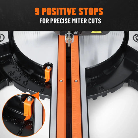 Close-up of Pro Grade 10 Inch Sliding Miter Saw For Multi Material Cuts With Dual Speed Control, featuring 9 positive stops