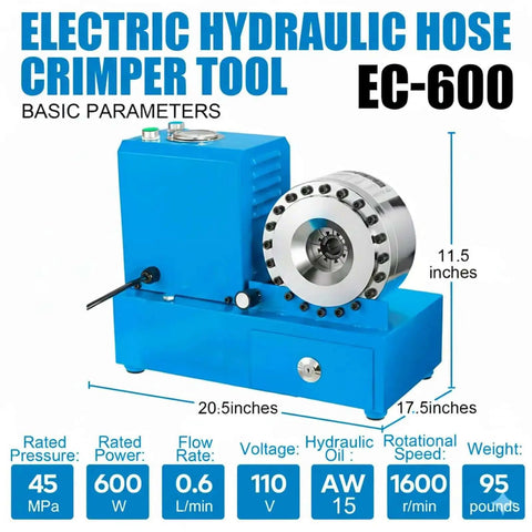 Onsite Ready 10-31mm Hose Crimping Tool With 70 MPa Pressure, 600W Power, Automatic Crimp Press, 8 Die Set, shown in blue machine