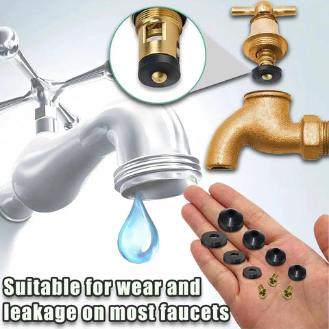 48 Piece Outdoor Faucet Washer Kit With Brass Screws And Flat And Beveled Washers For Quick Opening Style Faucets Stem Worn Out Washer Replacements Durable Rubber DIY Repair Set displayed with faucet.