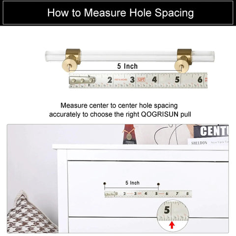 5 Pack Acrylic Cabinet Pulls With Brass Base Crystal Clear Glass Handles In Gold Finish, 5 Inch Center to Center Hole Measurement Guide