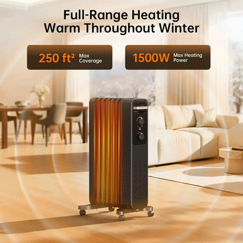 Efficient 1500W Oil Filled Radiator Heater With Rapid Whole Room Warmth 7 Turned Edge Fins in modern living room