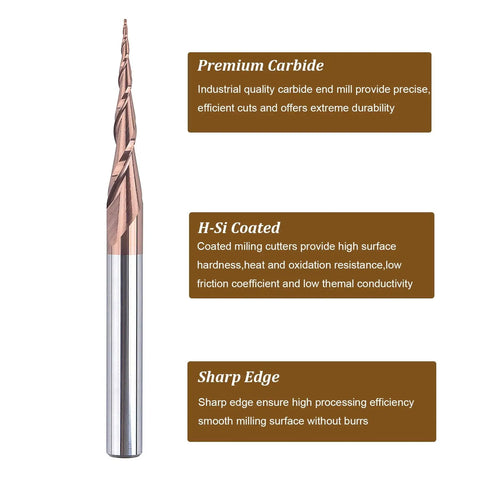 Tapered Ball Nose End Mill Set For CNC Router Four Pack With One Quarter Inch Shank And Radius Two Hundred Fifty Microns Tip For Smooth Wood Engraving And 2D 3D Carving SpeTool Coated HSi 55HRC Two Flute End Mills with premium carbide.