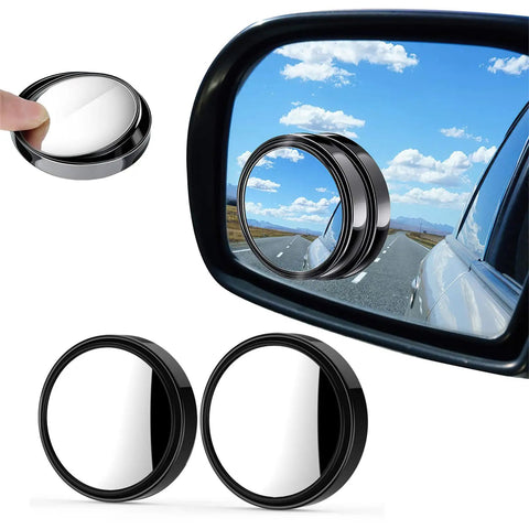 Two Pack Blind Spot Mirrors For Cars, 360 Rotating Round HD Glass Convex Rear View Mirrors With ABS Protective Shell, Universal Fit For SUVs Vans Trucks, Extra Wide Angle And Windproof - close-up view of mirrors and installation.