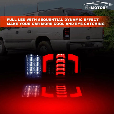 I1MOTOR LED tail light set with glossy black housing and clear lenses for 2000–2006 Chevy Suburban, Tahoe, and GMC Yukon