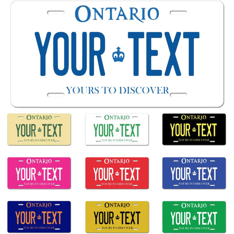 Custom Ontario License Plate 6x12 Inches Aluminum 1mm Thick With Heat Transfer Finish Personalize Your Plate Background Font Color Text Easy No Fuss Customize Now in various colors with customizable text.
