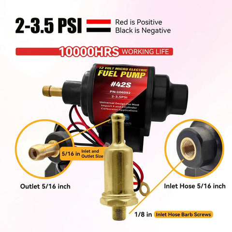 Gasoline Electric Inline Fuel Pump 12V Universal Five Sixteenth Inch Inlet Outlet Low Pressure 2 To 3.5 PSI 28 GPH display