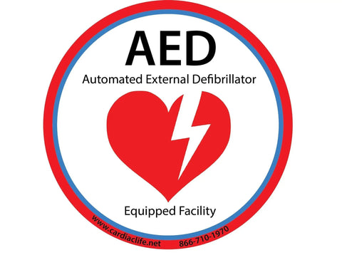 AED equipped facility red heart symbol with bolt, emphasizing emergency preparedness.