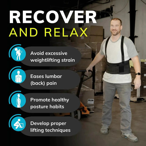 BraceAbility Work Back Brace with removable shoulder straps, black, front view in warehouse