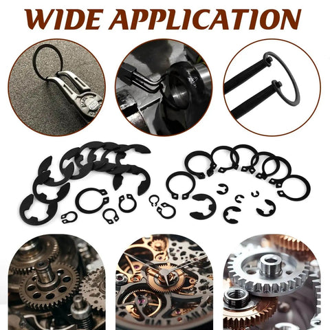 360 Pcs Carbon Steel E Clips And Snap Rings Kit includes various sizes of retaining rings displayed with industrial applications.