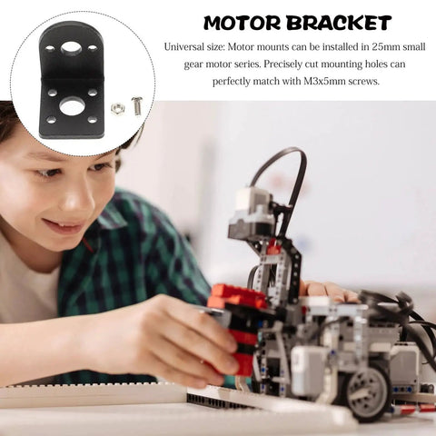Child assembling model with rugged DC gear motor mounting bracket, L-shaped iron base, easy install with anti-rust finish visible.