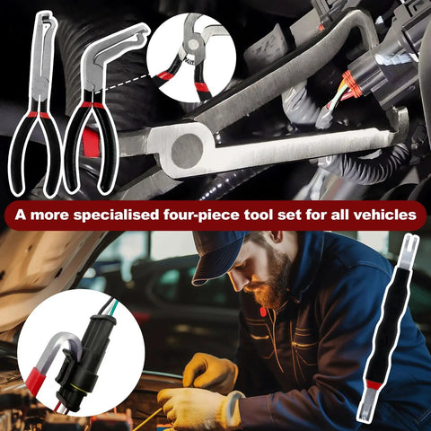 4 Piece Automotive Electrical Disconnect Pliers Set 37960 Straight 37980 60 Degree 13120 Dual Head Carbon Steel tools in use.