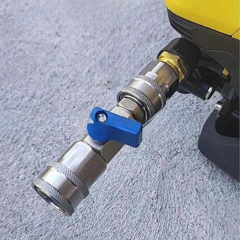 High pressure washer ball valve kit with stainless steel ball valve and blue lever, 3/8-inch quick-connect fittings.