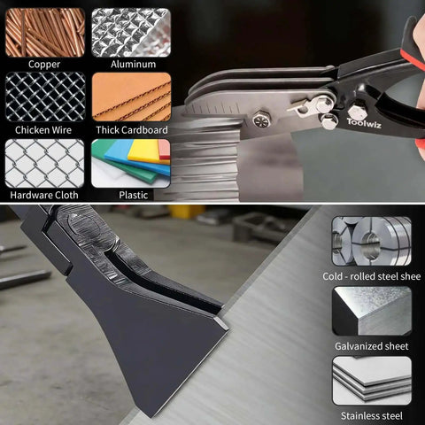 Sheet Metal Tools Set For DIY And Home Projects With Ten And A Half Inch Five Blade Crimper cutting sheet metal, material options displayed