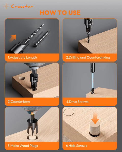 Step-by-step guide for using All In One Countersink Drill Bit Set With Wood Plug Cutter And Stop Rings For Pros And DIYers Crosstar 18 Piece Kit