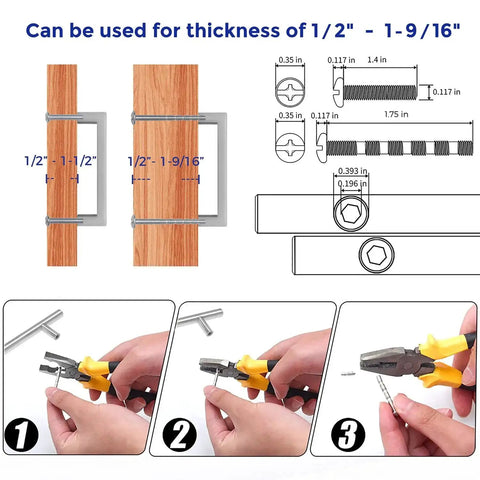 Installation guide for 30 Pack Solid 3 Inch Center To Center Slim Square Bar Drawer Handles in Brushed Nickel, detailed measurements shown