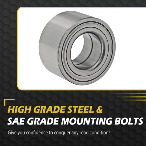 Front Wheel Bearing Assembly Left And Right Swap Pair For Hyundai Veloster Elantra Coupe Elantra GT Kia Forte Koup 5 Soul And Soul EV Fits 2010 Through 2019 Models 510093, close-up of steel bearing with text 'High Grade Steel & SAE Grade Mounting Bolts'