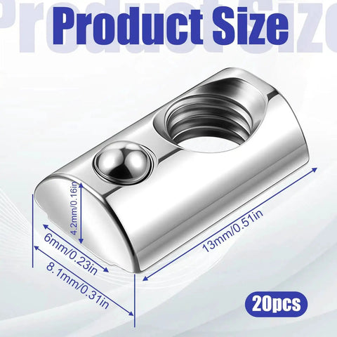 Product size image of 20 Pack Roll In T Nuts 1 4 20 Steel With Ball Spring, T Slot Nuts For 10 Series Aluminum Extrusion Profiles, Zinc Plated