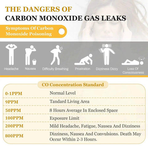 Chart depicting symptoms and CO concentration standards related to carbon monoxide leaks with silhouette illustrations.