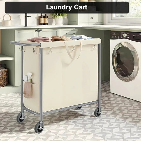 Laundry cart with canvas bag and 4 inch caster wheels in a laundry room