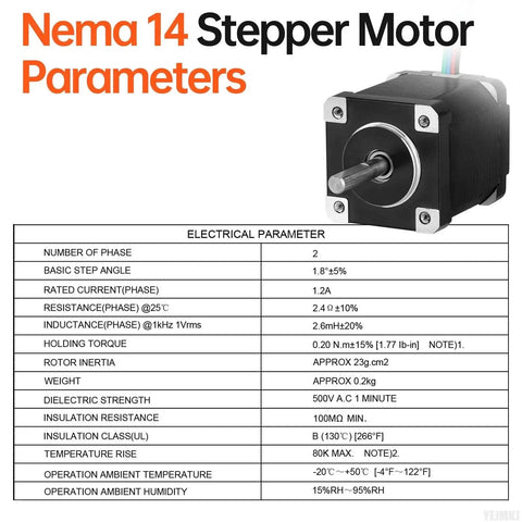 High Torque Nema 14 Stepper Motor 2 Phase 1.8 Degree 20 Ncm Bipolar Drive For 3D Printer DIY CNC Robot Builds with parameters chart