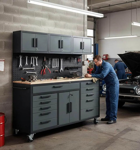 Mechanic using 72 Inch Rolling Tool Chest On Wheels With 11 Drawers, 3 Top Cabinets, 2 Door Cabinet, Pegboard And Power Strip in garage
