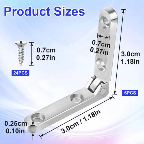 6 Pieces 90 Degree Small Hinges For Wooden Jewelry Boxes With 24 Screws Silver Zinc Alloy Hardware, showing size and dimensions