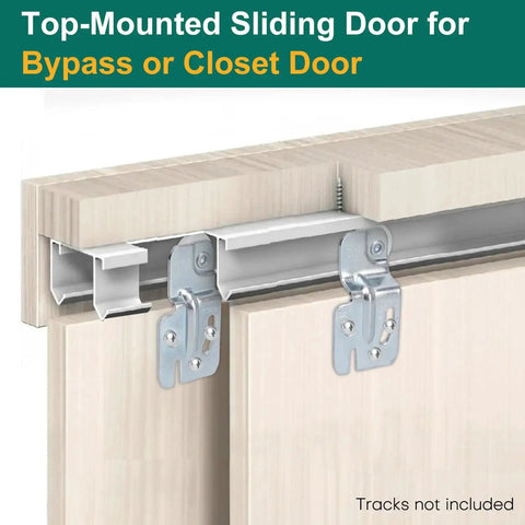 Sliding Closet Door Roller Kit For Top Hung Bypass Doors With 7/8 Inch Convex Wheels, Stamped Steel Rollers, installed on wood door