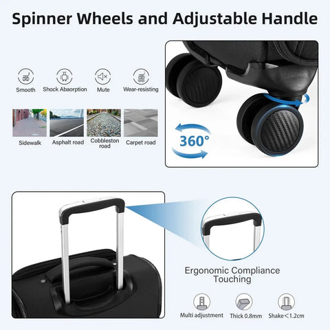 Underseat 16 Inch Carry On Luggage With Wheels Softside Personal Item Bag with spinner wheels and adjustable handle