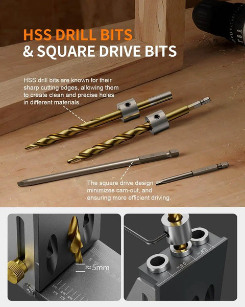 HSS drill bits and square drive bits for Pocket Hole Jig Kit For Strong Joints With Adjustable Drill Guides, shown on table.