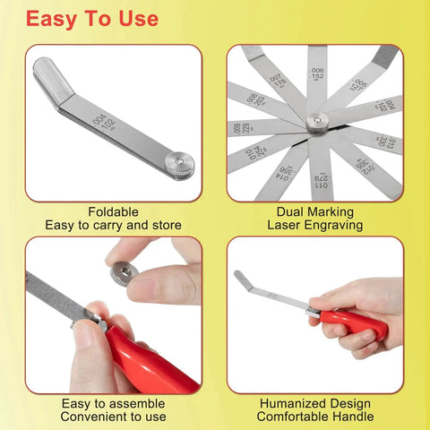 Offset Valve Tappet Gauge Set featuring two handles and 11 blade sizes for valve lash adjustment, showing foldable and red handle.