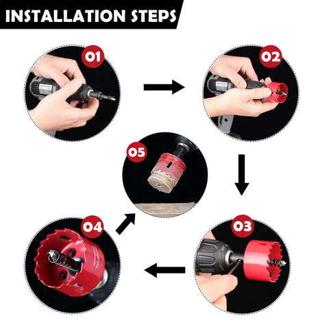 Installation steps for Heavy Duty 13-Piece Bi-Metal Hole Saw Kit With Drill Bits For Thin Metal And Wood, Cutting Diameters From Three Quarters Inch Up To Three Inches, Carbide Tips For Clean Fast Cuts And Durable Zinc Alloy Build dashap
